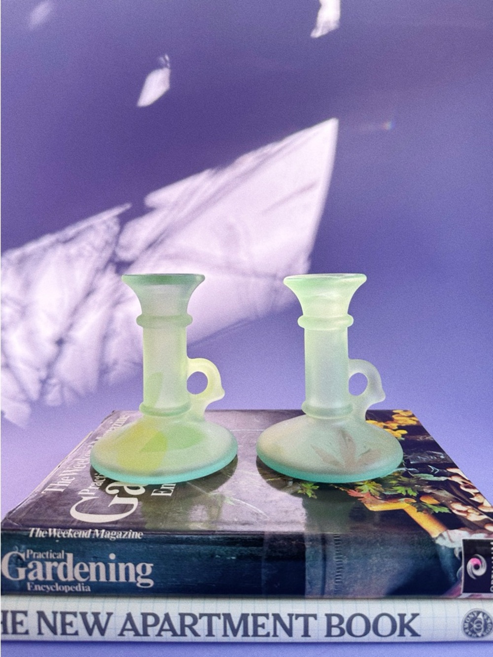 Vintage Italian Green Frosted Glass Candlesticks
